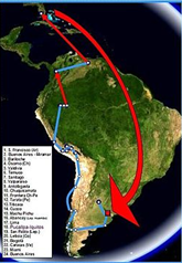 A map of Guevara's 1952 trip with Alberto Granado. The red arrows correspond to air travel..png