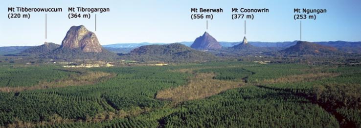 Glass House Mountains 16 peaks. The most significant are named with height in this pic.jpg